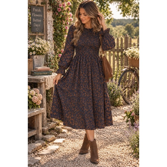 Tulip B Dresses & Skirts - NWT Boho Navy Rust Midi Dress Ruffle Neck Puff Sleeve Cottagecore S Tulip B